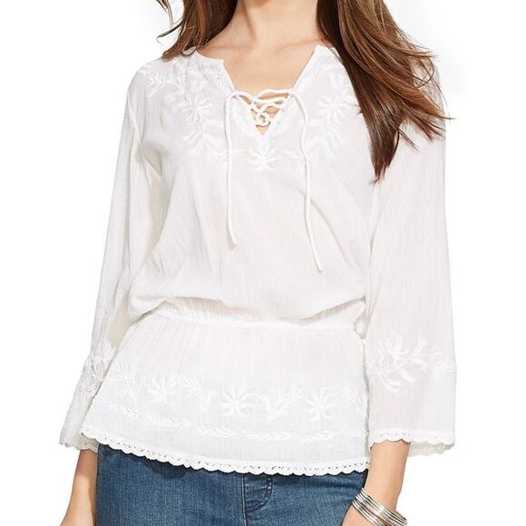 Lauren Ralph Lauren Striped Embroidered Peasant Blouse size Large - Picture 8 of 8